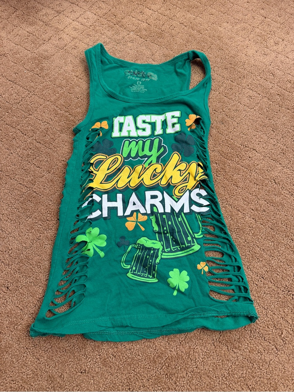 Spencer’s distressed green “Taste My Lucky Charms Distressed Tank Women’s S Y2K